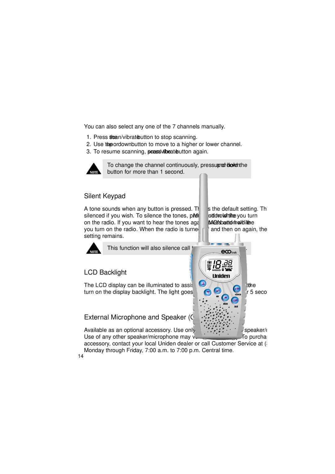 Uniden 550W manual Silent Keypad, LCD Backlight, External Microphone and Speaker Optional 