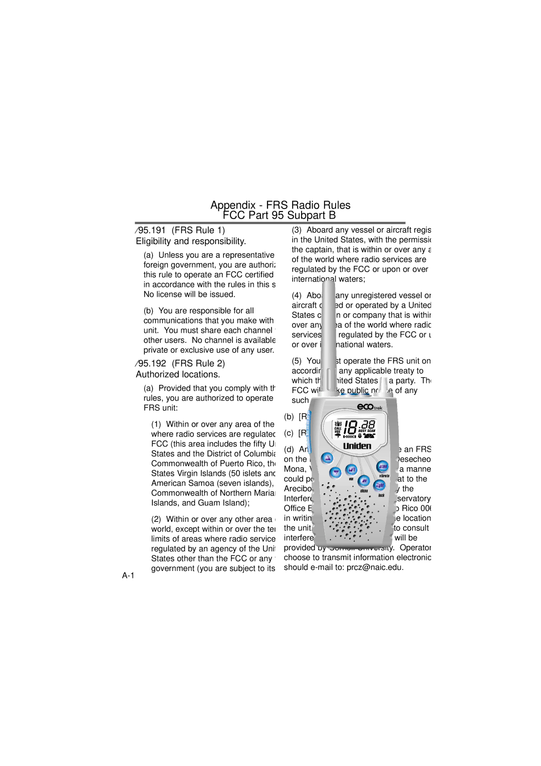 Uniden 550W manual Appendix FRS Radio Rules FCC Part 95 Subpart B 