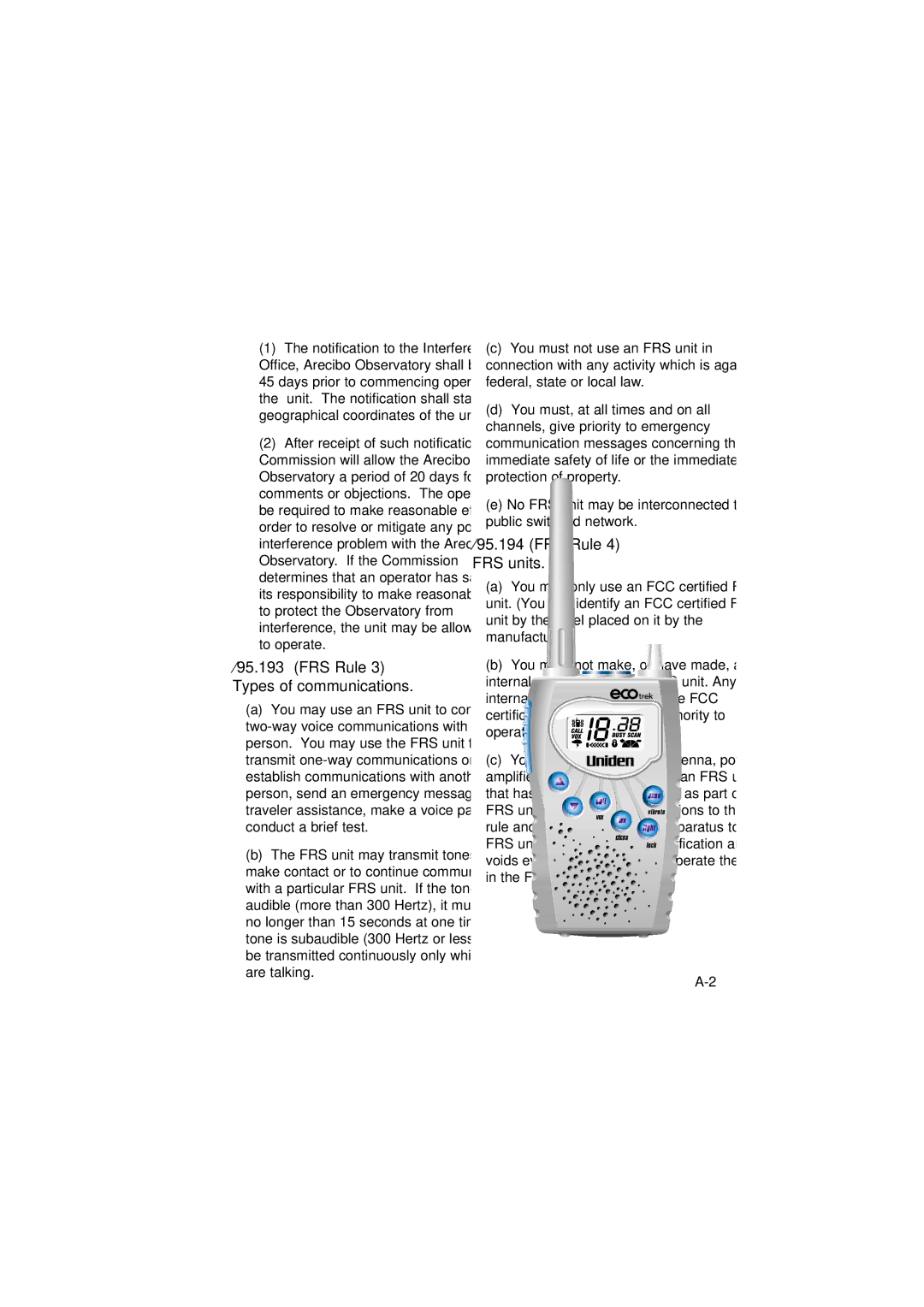 Uniden 550W manual §95.194 FRS Rule 4 FRS units 