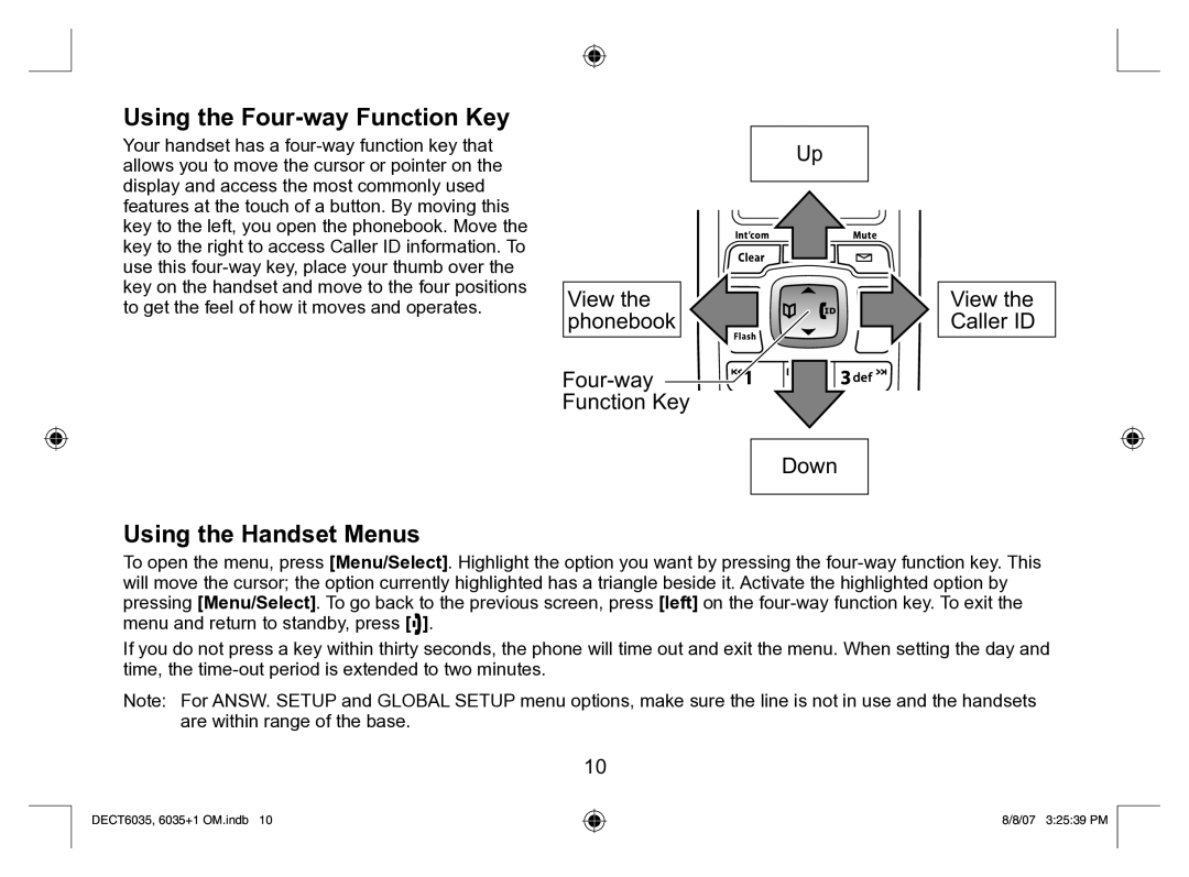 Uniden 6035 + 1 manual Using the Four-way Function Key, Using the Handset Menus 