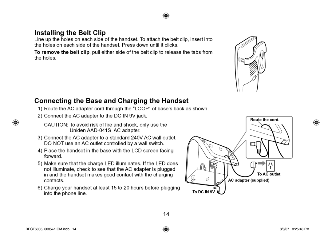 Uniden 6035 + 1 manual Installing the Belt Clip, Connecting the Base and Charging the Handset 