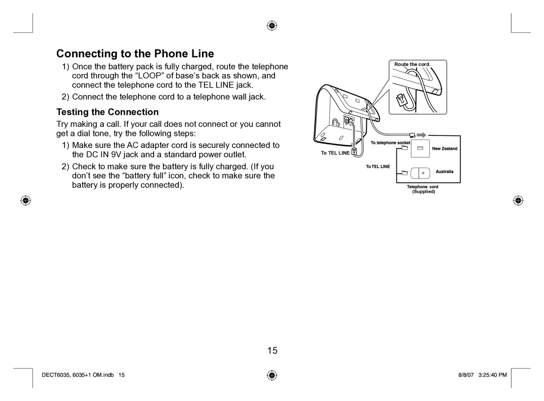 Uniden 6035 + 1 manual Connecting to the Phone Line, Testing the Connection 