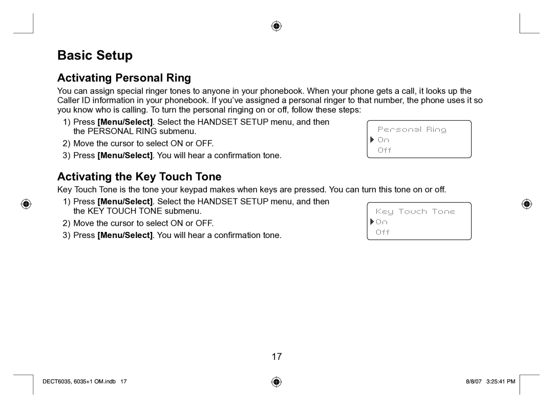 Uniden 6035 + 1 manual Basic Setup, Activating Personal Ring, Activating the Key Touch Tone, Personal Ring Off 