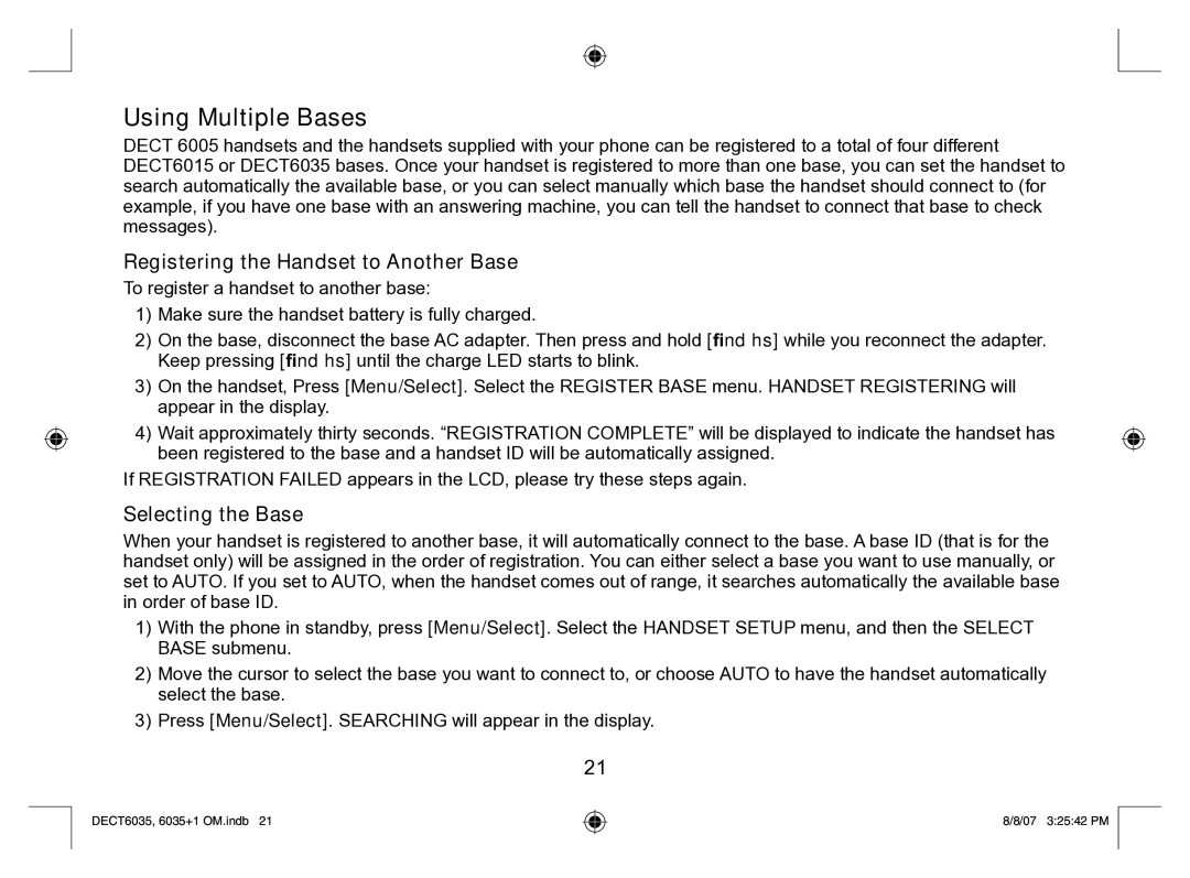 Uniden 6035 + 1 manual Using Multiple Bases, Registering the Handset to Another Base, Selecting the Base 