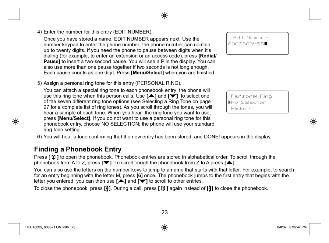 Uniden 6035 + 1 manual Finding a Phonebook Entry, Edit Number Personal Ring No Selection Flicker 