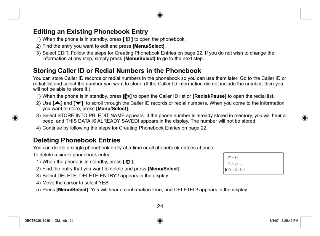 Uniden 6035 + 1 manual Editing an Existing Phonebook Entry, Storing Caller ID or Redial Numbers in the Phonebook 