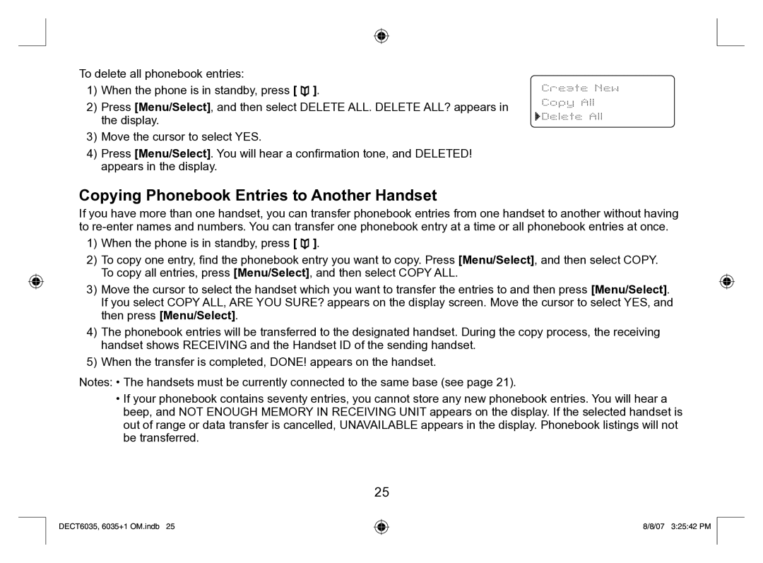 Uniden 6035 + 1 manual Copying Phonebook Entries to Another Handset, Create New Copy All Delete All 