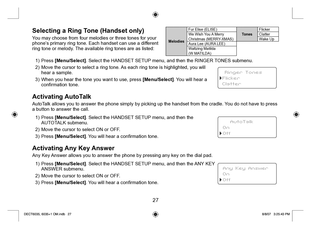 Uniden 6035 + 1 manual Selecting a Ring Tone Handset only, Activating AutoTalk, Activating Any Key Answer 