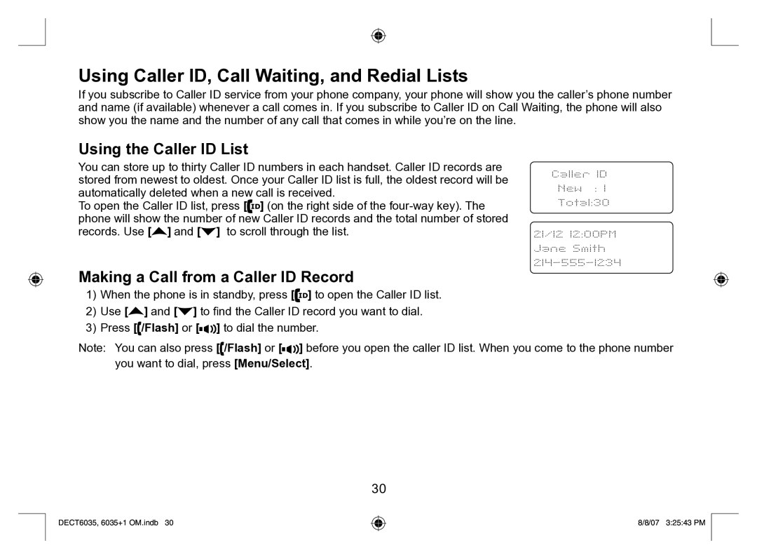 Uniden 6035 + 1 manual Using Caller ID, Call Waiting, and Redial Lists, Using the Caller ID List 