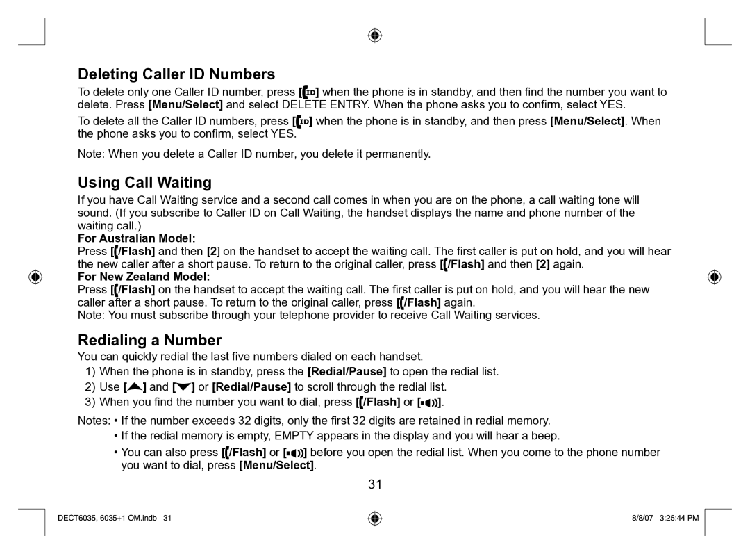 Uniden 6035 + 1 manual Deleting Caller ID Numbers, Using Call Waiting, Redialing a Number, For Australian Model 