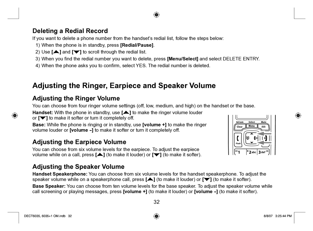 Uniden 6035 + 1 Adjusting the Ringer, Earpiece and Speaker Volume, Deleting a Redial Record, Adjusting the Ringer Volume 