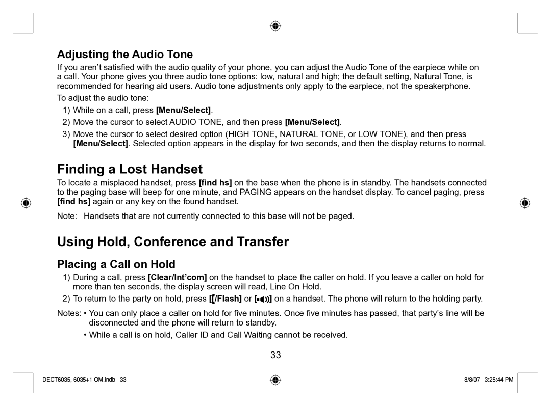 Uniden 6035 + 1 manual Finding a Lost Handset, Using Hold, Conference and Transfer, Adjusting the Audio Tone 