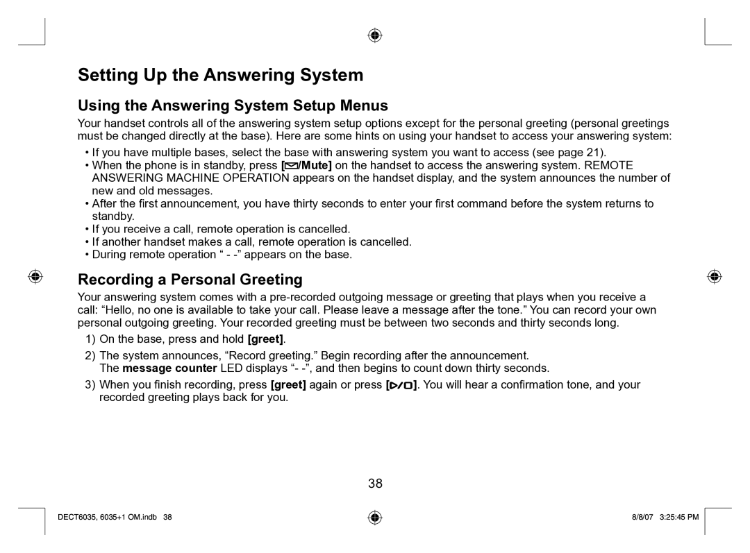 Uniden 6035 + 1 Setting Up the Answering System, Using the Answering System Setup Menus, Recording a Personal Greeting 