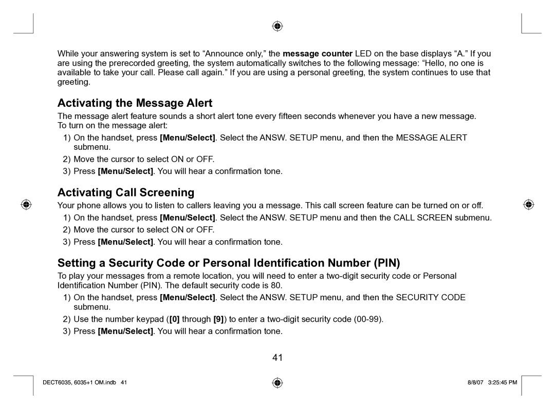 Uniden 6035 + 1 manual Activating the Message Alert, Activating Call Screening 