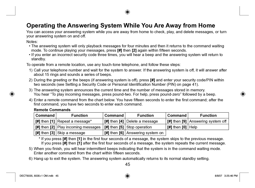 Uniden 6035 + 1 manual Operating the Answering System While You Are Away from Home 