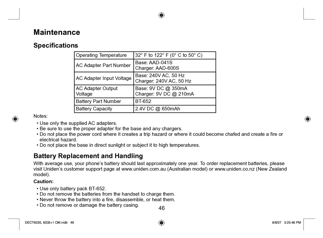 Uniden 6035 + 1 manual Maintenance, Speciﬁcations, Battery Replacement and Handling 