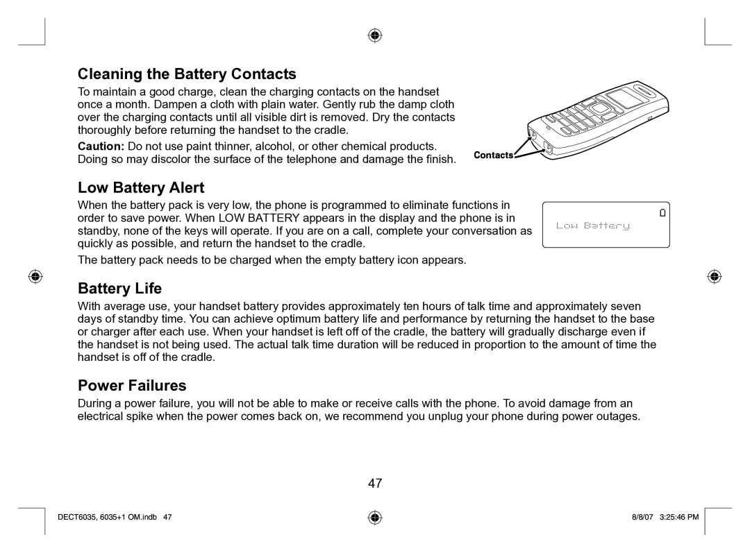 Uniden 6035 + 1 manual Cleaning the Battery Contacts, Low Battery Alert, Battery Life, Power Failures 