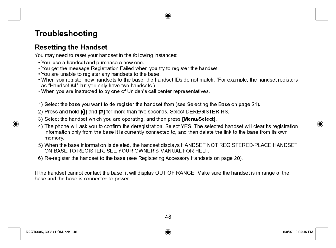 Uniden 6035 + 1 manual Troubleshooting, Resetting the Handset 