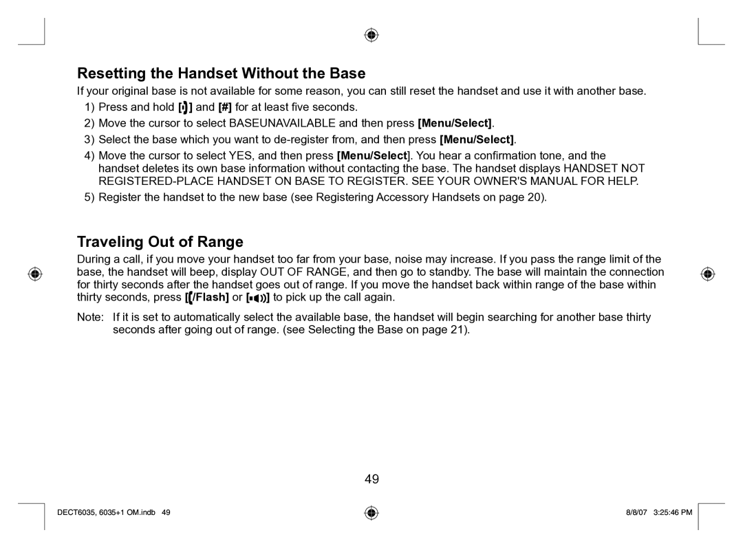 Uniden 6035 + 1 manual Resetting the Handset Without the Base, Traveling Out of Range 