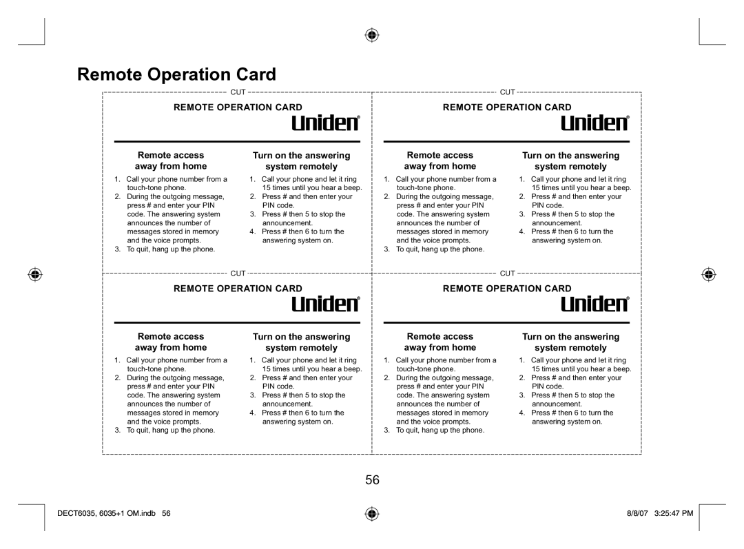 Uniden 6035 + 1 manual Remote Operation Card, Remote access away from home 