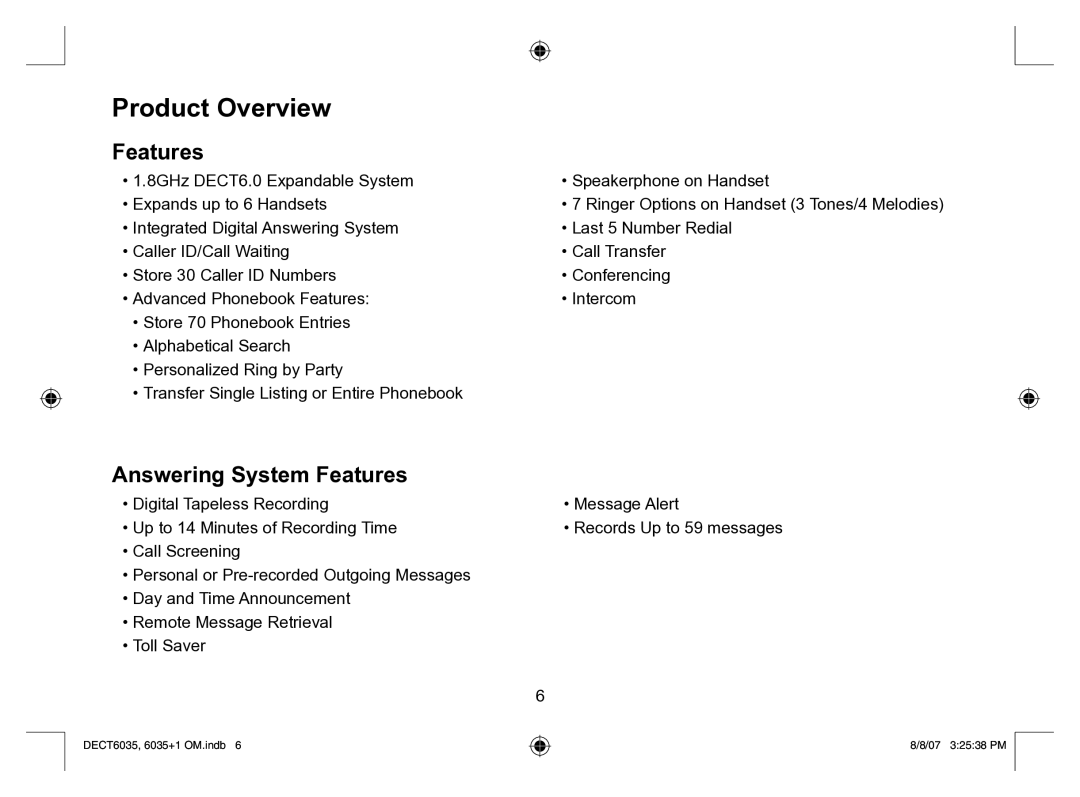 Uniden 6035 + 1 manual Product Overview, Answering System Features 