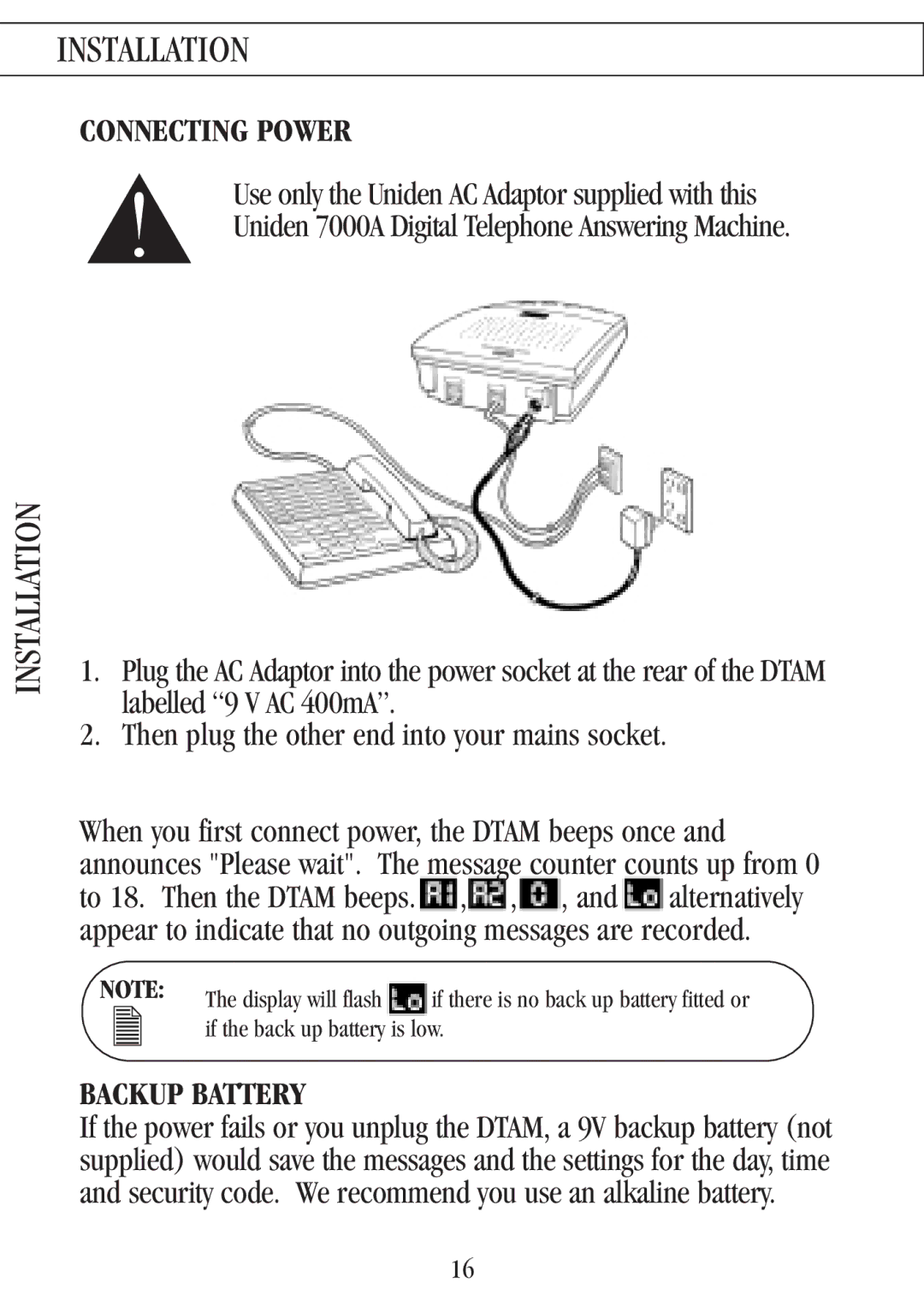 Uniden 7000A manual Installation, Connecting Power, Use only the Uniden AC Adaptor supplied with this, Backup Battery 