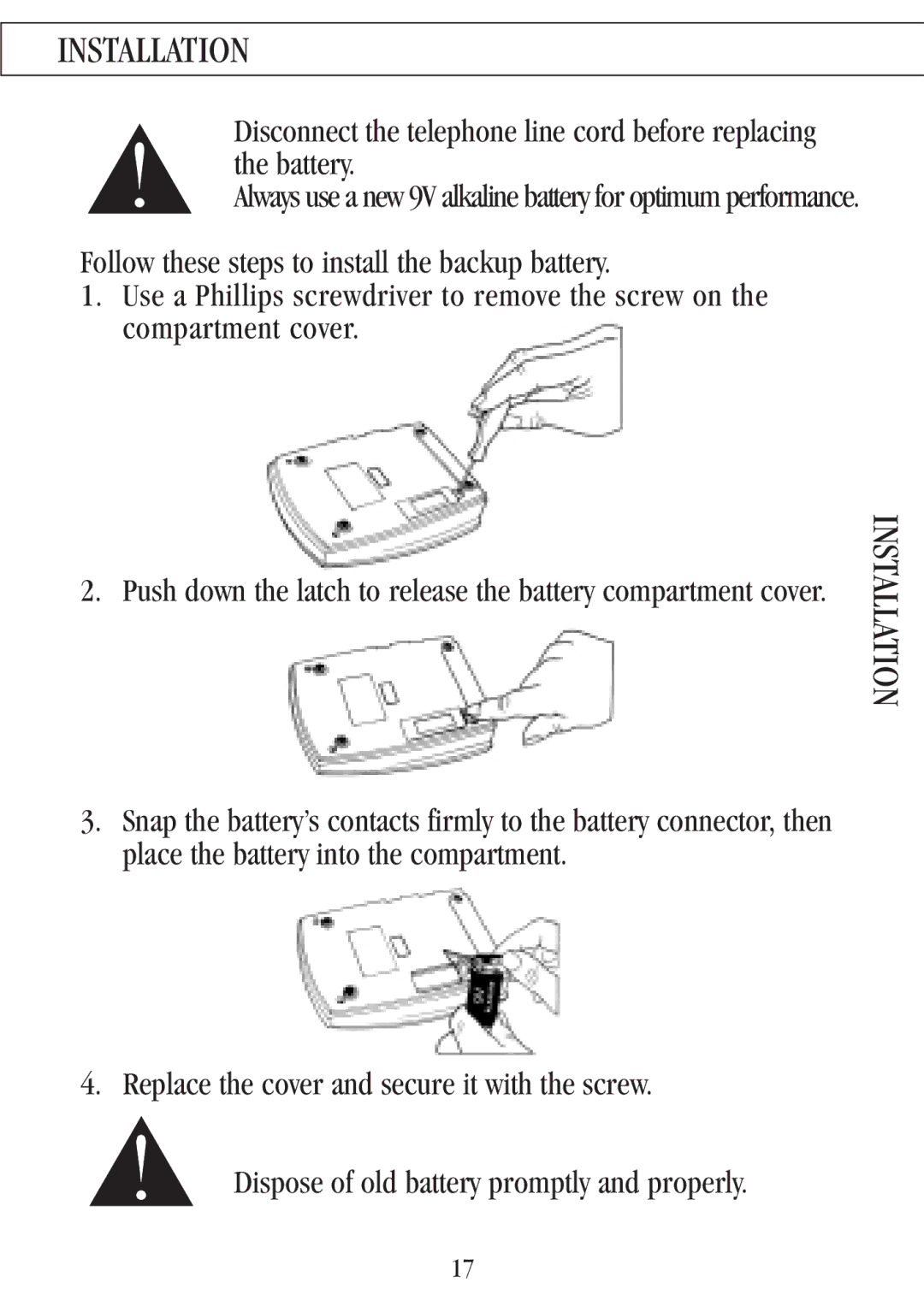 Uniden 7000A manual Push down the latch to release the battery compartment cover 