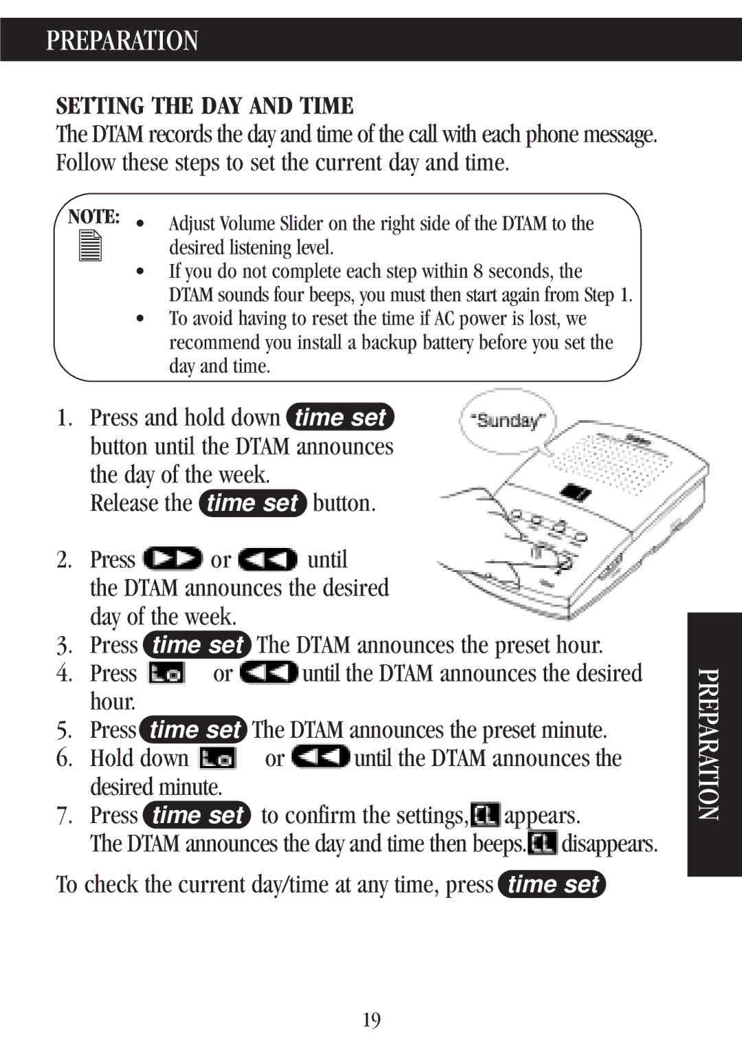 Uniden 7000A manual Preparation, Setting the DAY and Time 