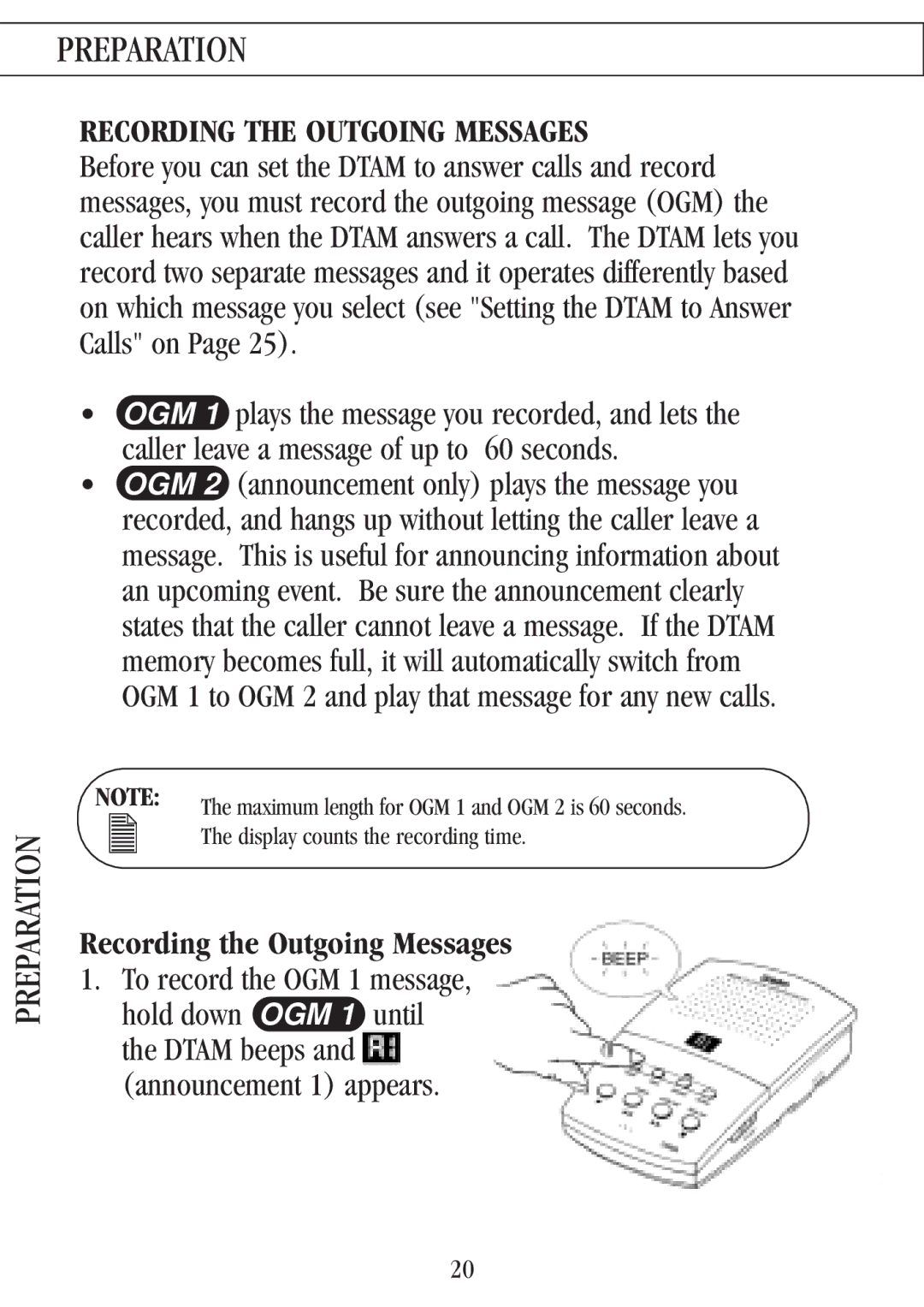 Uniden 7000A manual Preparation, Recording the Outgoing Messages, To record the OGM 1 message 