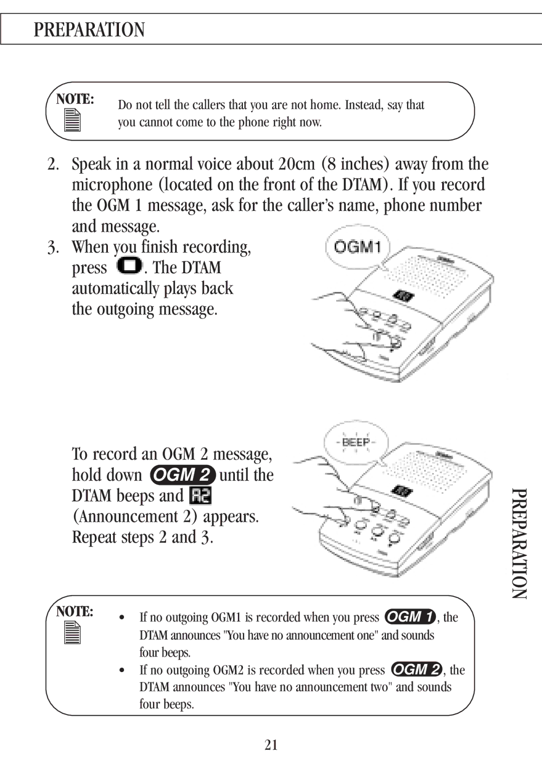 Uniden 7000A manual To record an OGM 2 message Hold down OGM 2 until, Dtam beeps and Announcement 2 appears. Repeat steps 2 