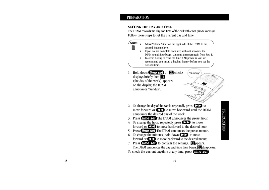 Uniden 7100A manual Preparation, Setting the DAY and Time, Hold down time set . clock Displays briefly then 