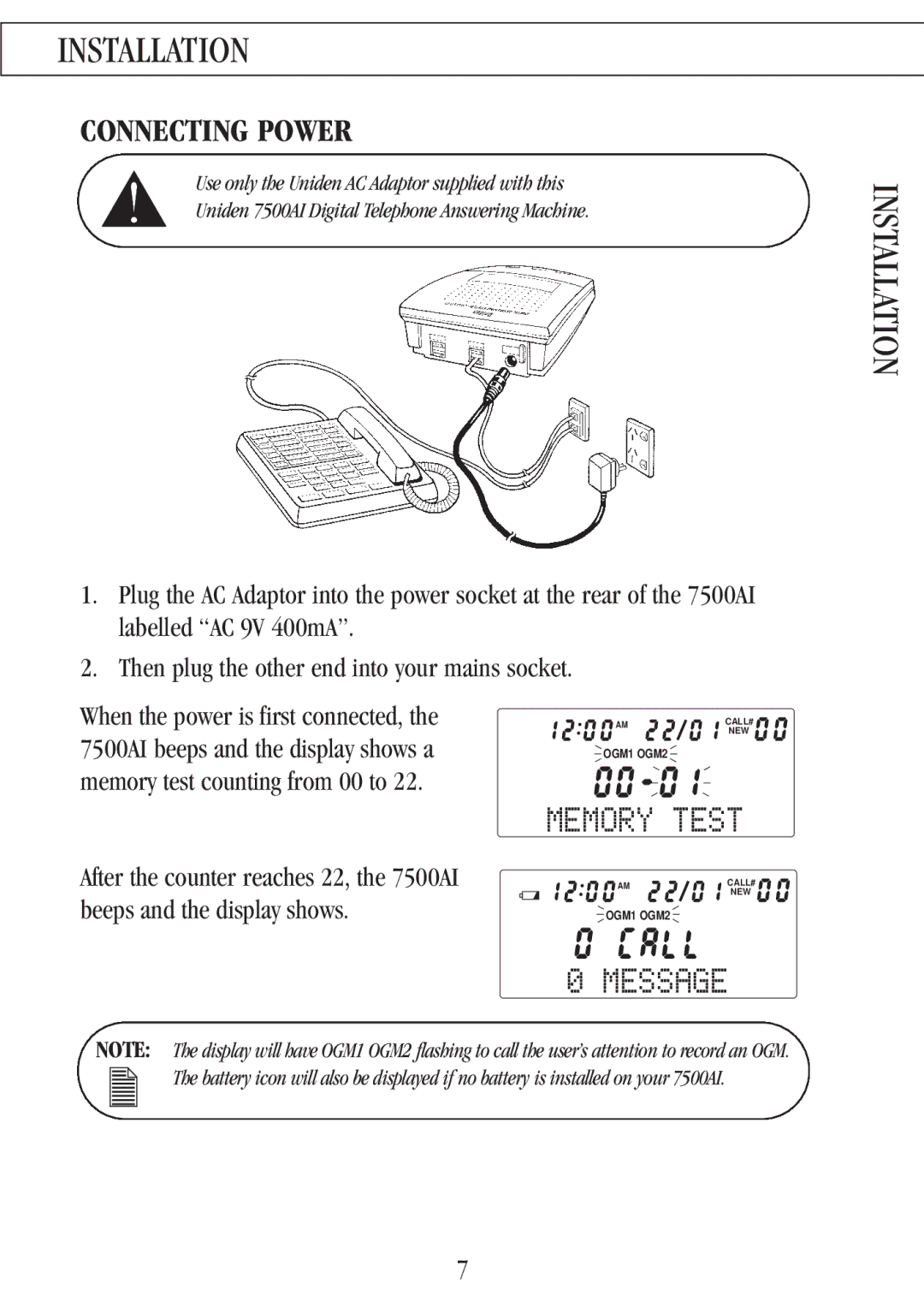 Uniden Memory Test, Message, Connecting Power, After the counter reaches 22, the 7500AI, Beeps and the display shows 