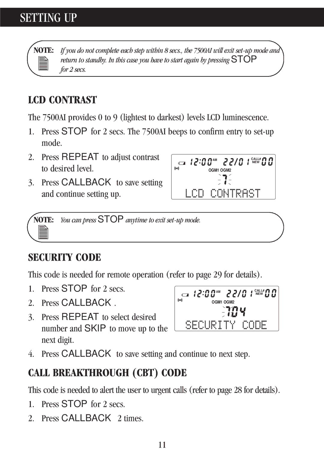 Uniden 7500AI manual Setting UP, Security Code, LCD Contrast, Call Breakthrough CBT Code 