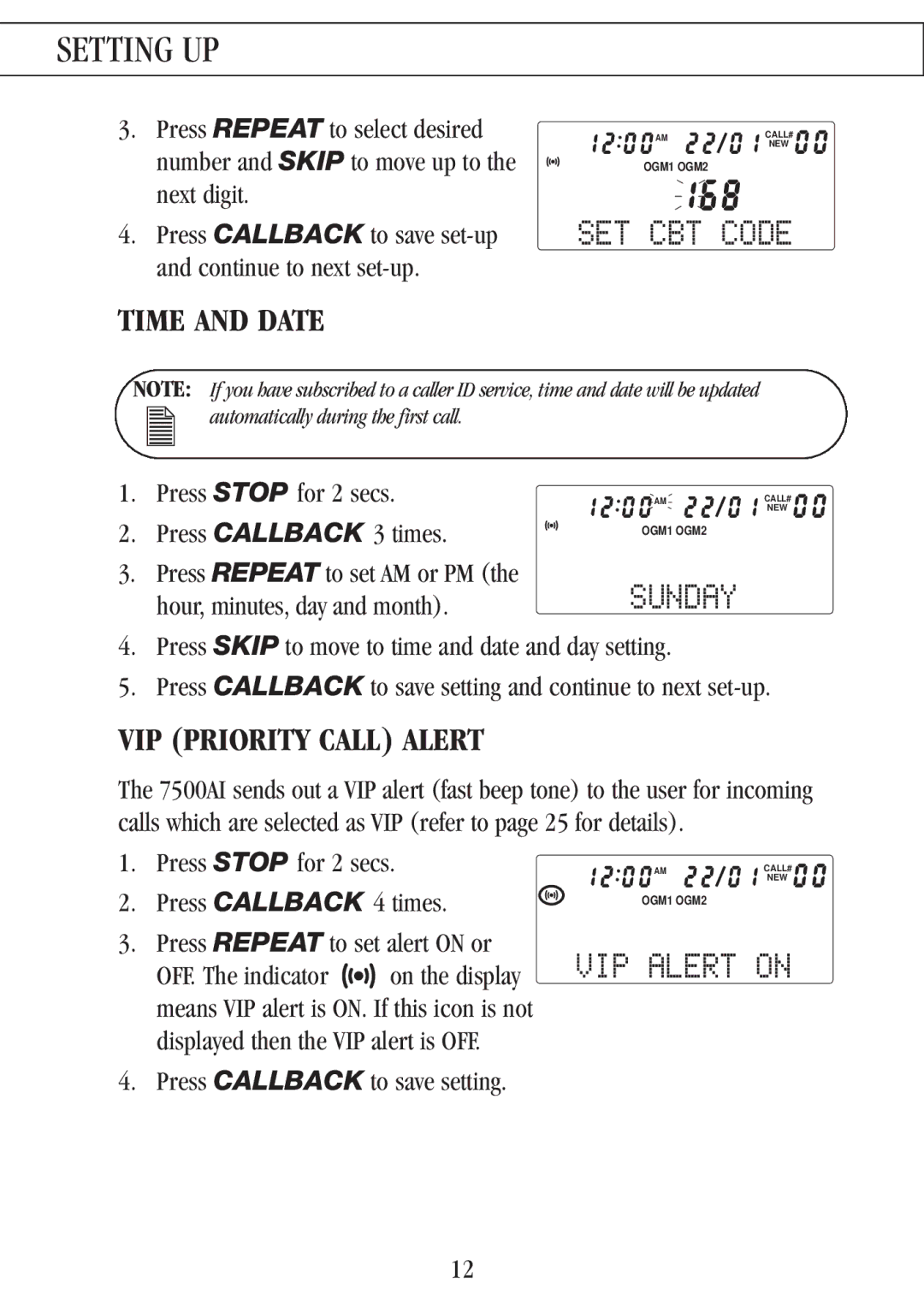 Uniden 7500AI manual SET CBT Code, Sunday, VIP Alert on, Time and Date, VIP Priority Call Alert 