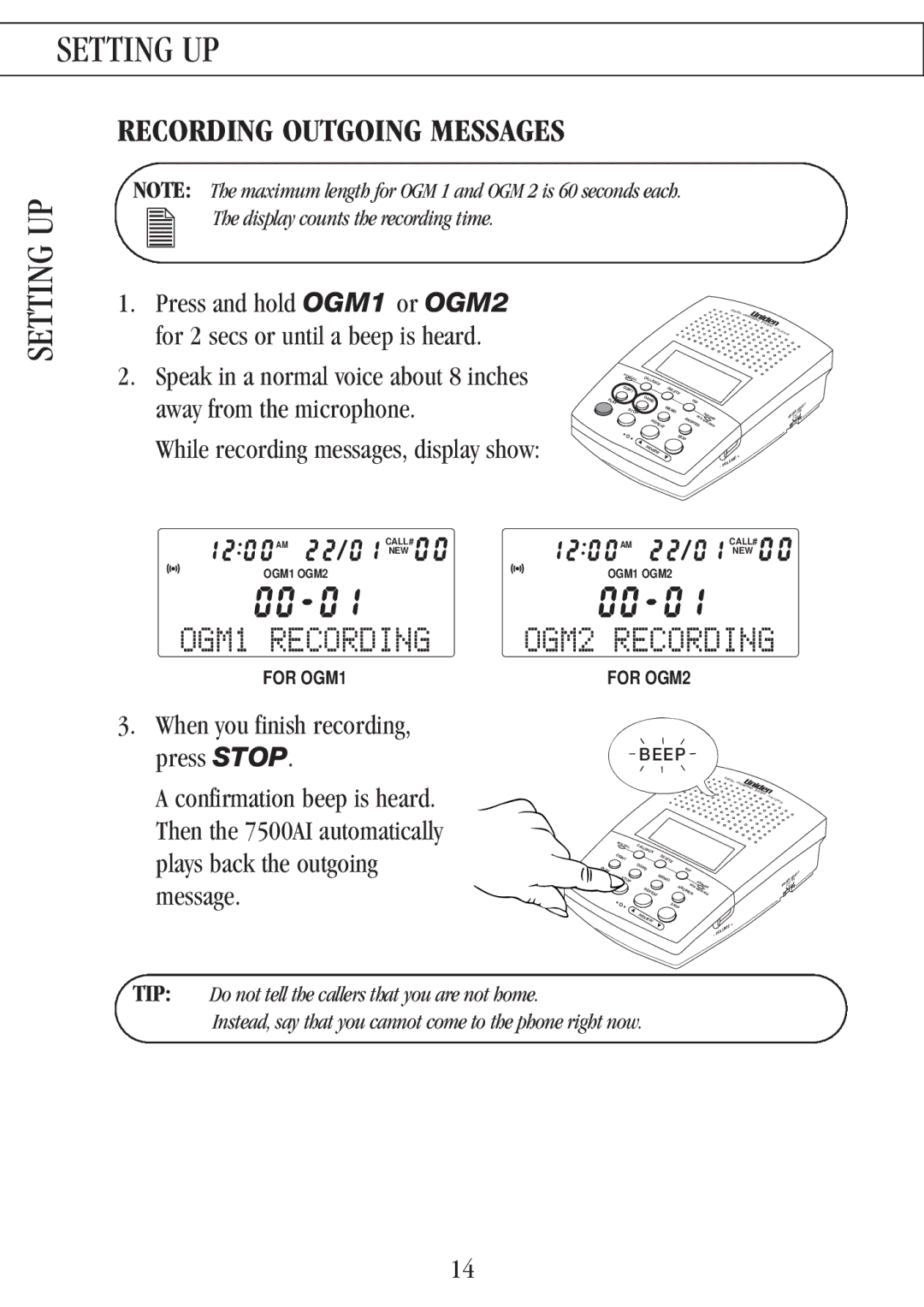 Uniden 7500AI manual OGM1 Recording, OGM2 Recording, Recording Outgoing Messages 