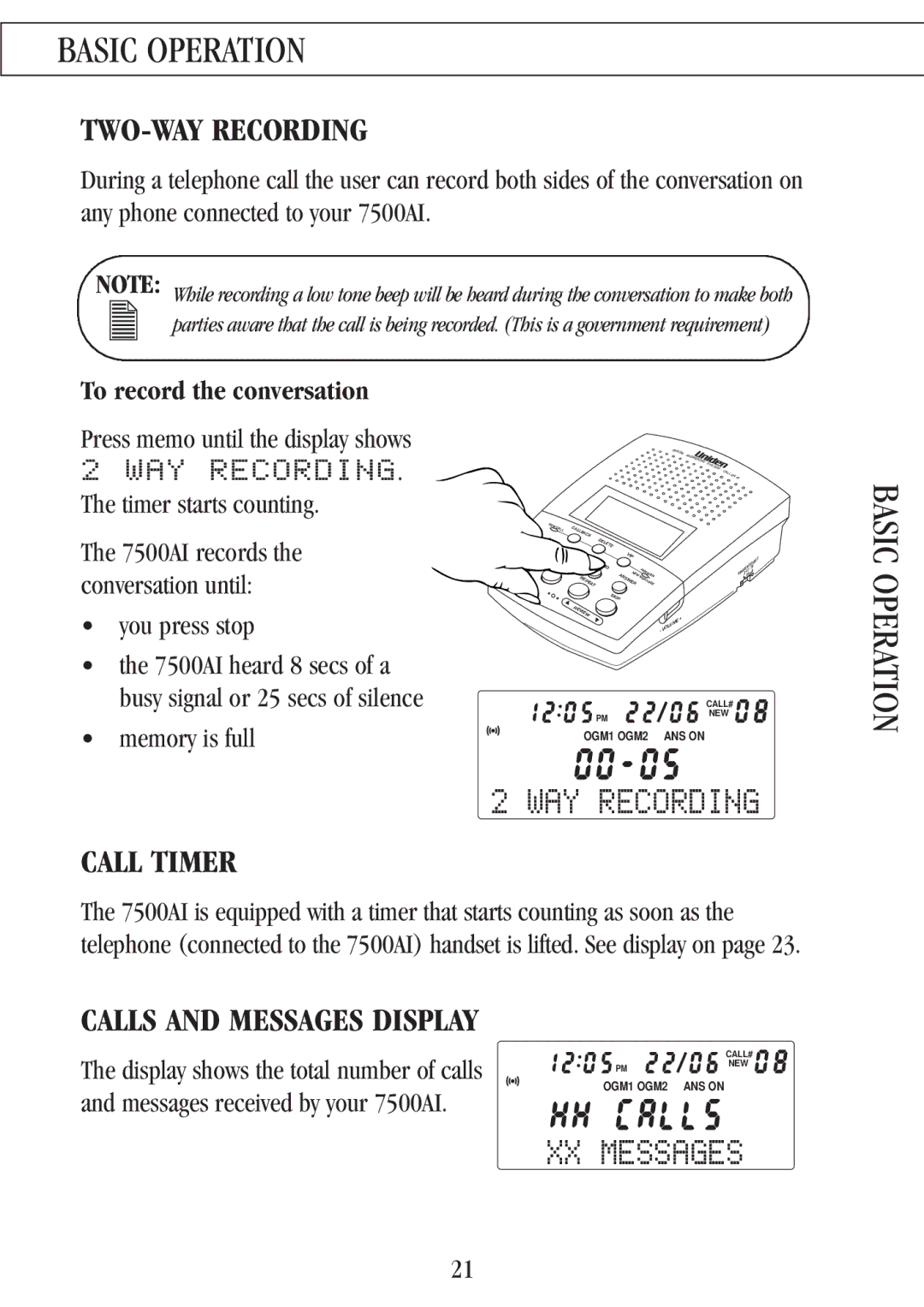 Uniden 7500AI manual XX Messages, TWO-WAY Recording, Call Timer, Calls and Messages Display 