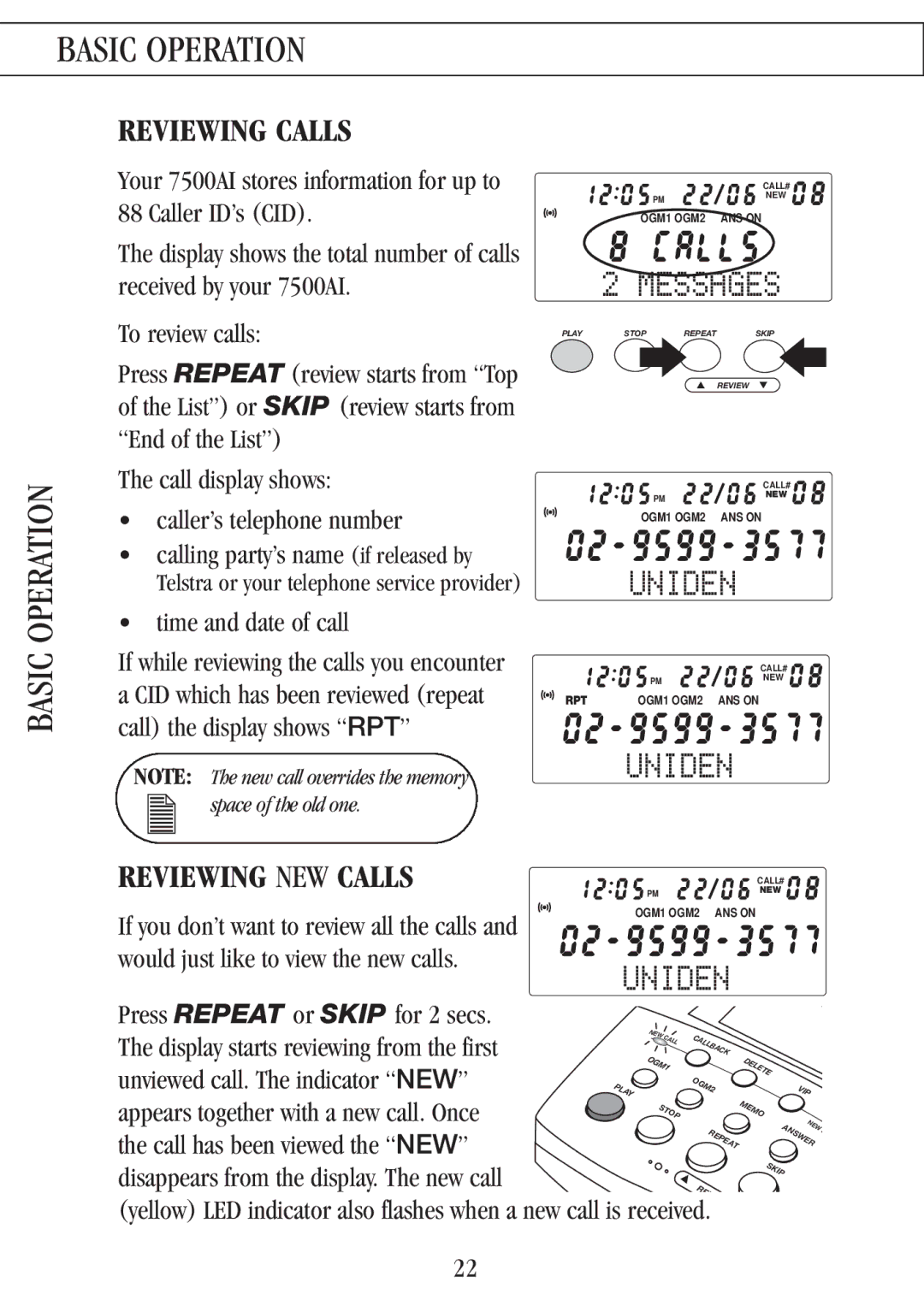 Uniden 7500AI manual Reviewing Calls, Reviewing NEW Calls 