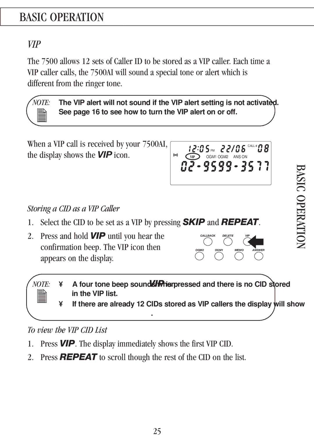 Uniden 7500AI manual Vip, Display shows the VIP icon, Storing a CID as a VIP Caller, To view the VIP CID List 