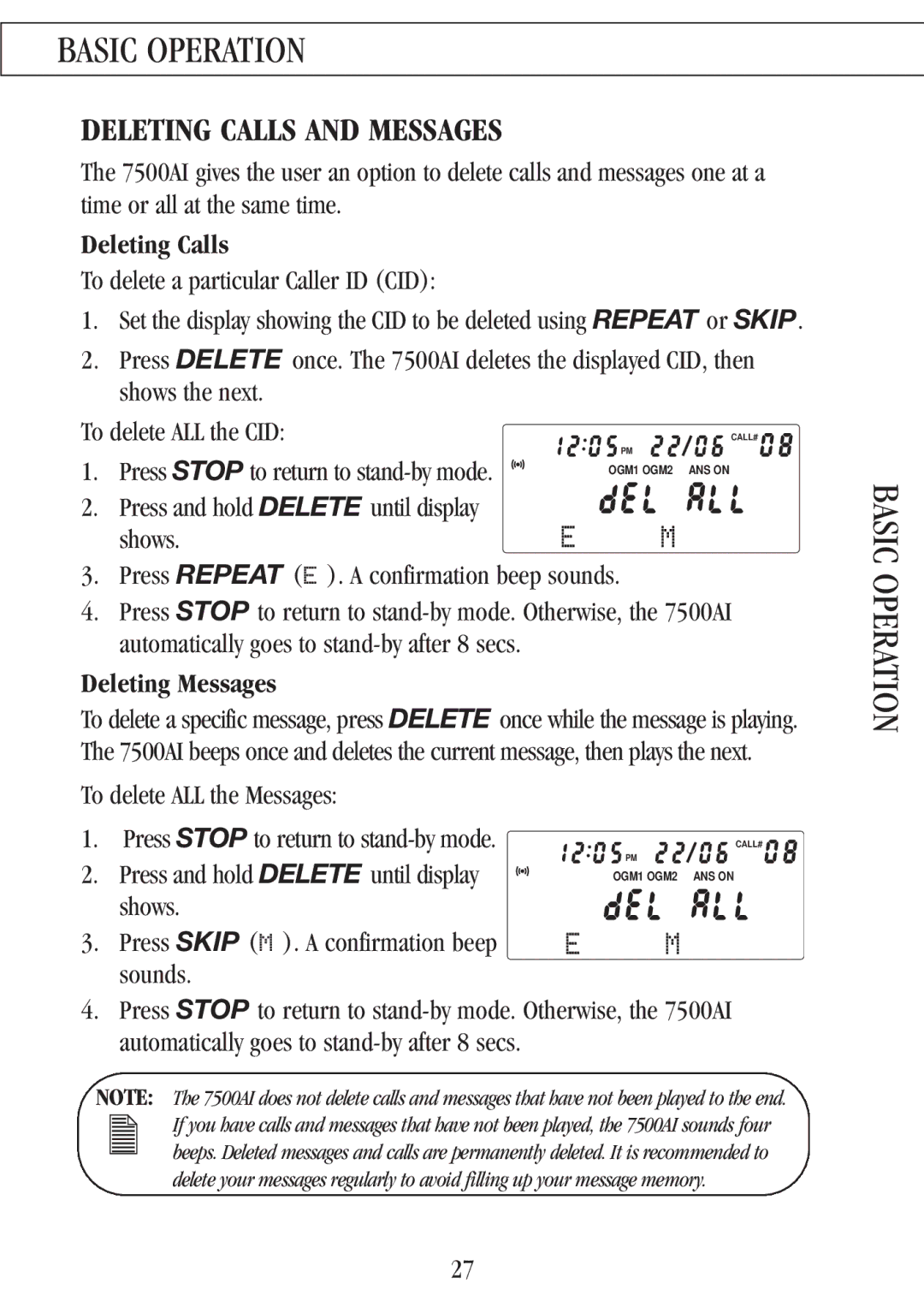 Uniden 7500AI manual Deleting Calls and Messages, Deleting Messages 