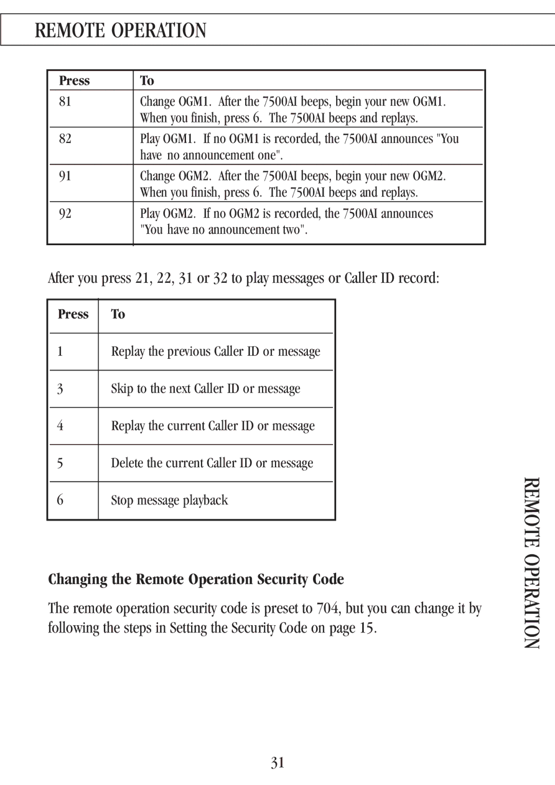 Uniden 7500AI manual Changing the Remote Operation Security Code 