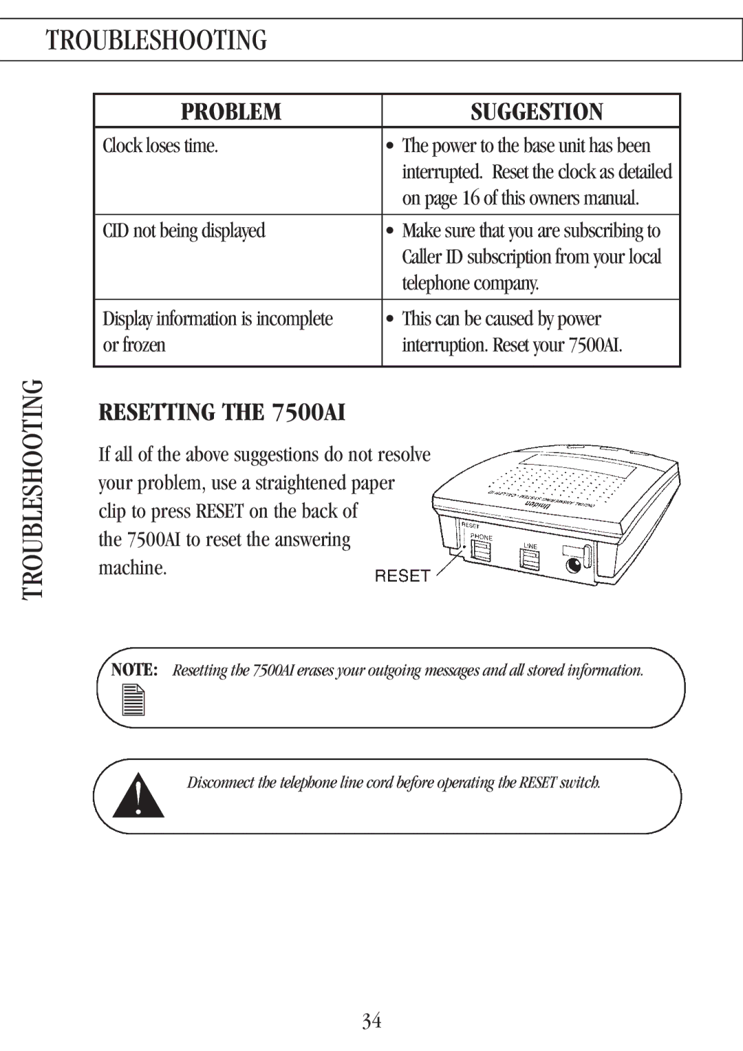 Uniden manual Warranty Troubleshooting Warranty, Resetting the 7500AI 