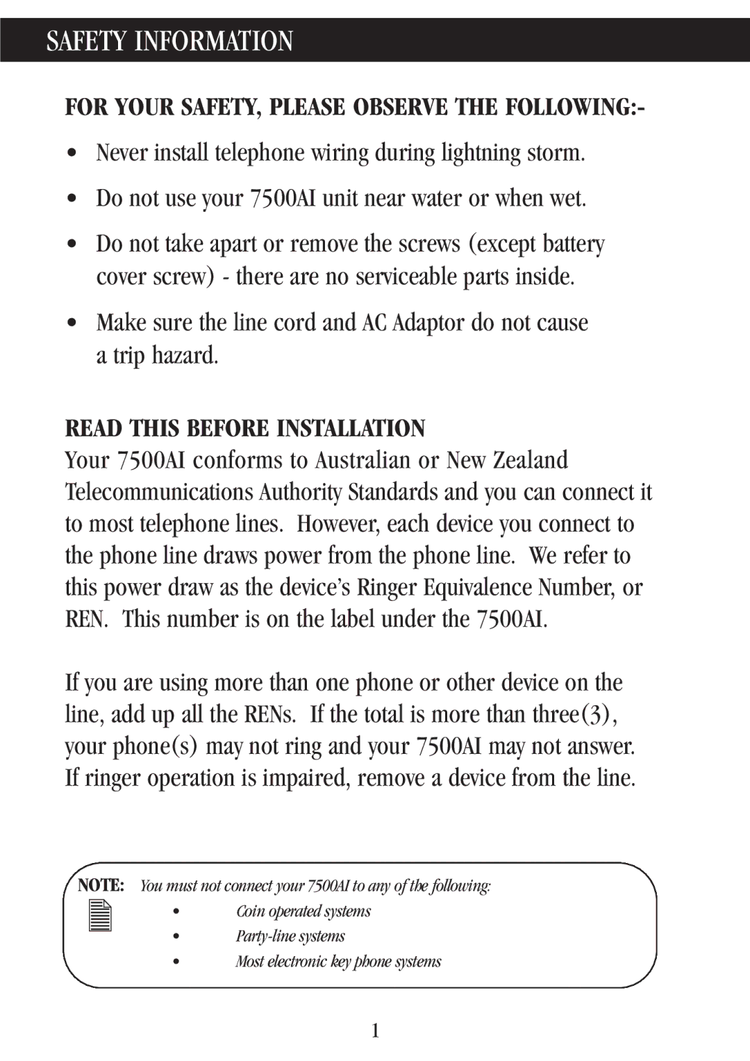 Uniden 7500AI manual Safety Information, Read this Before Installation 