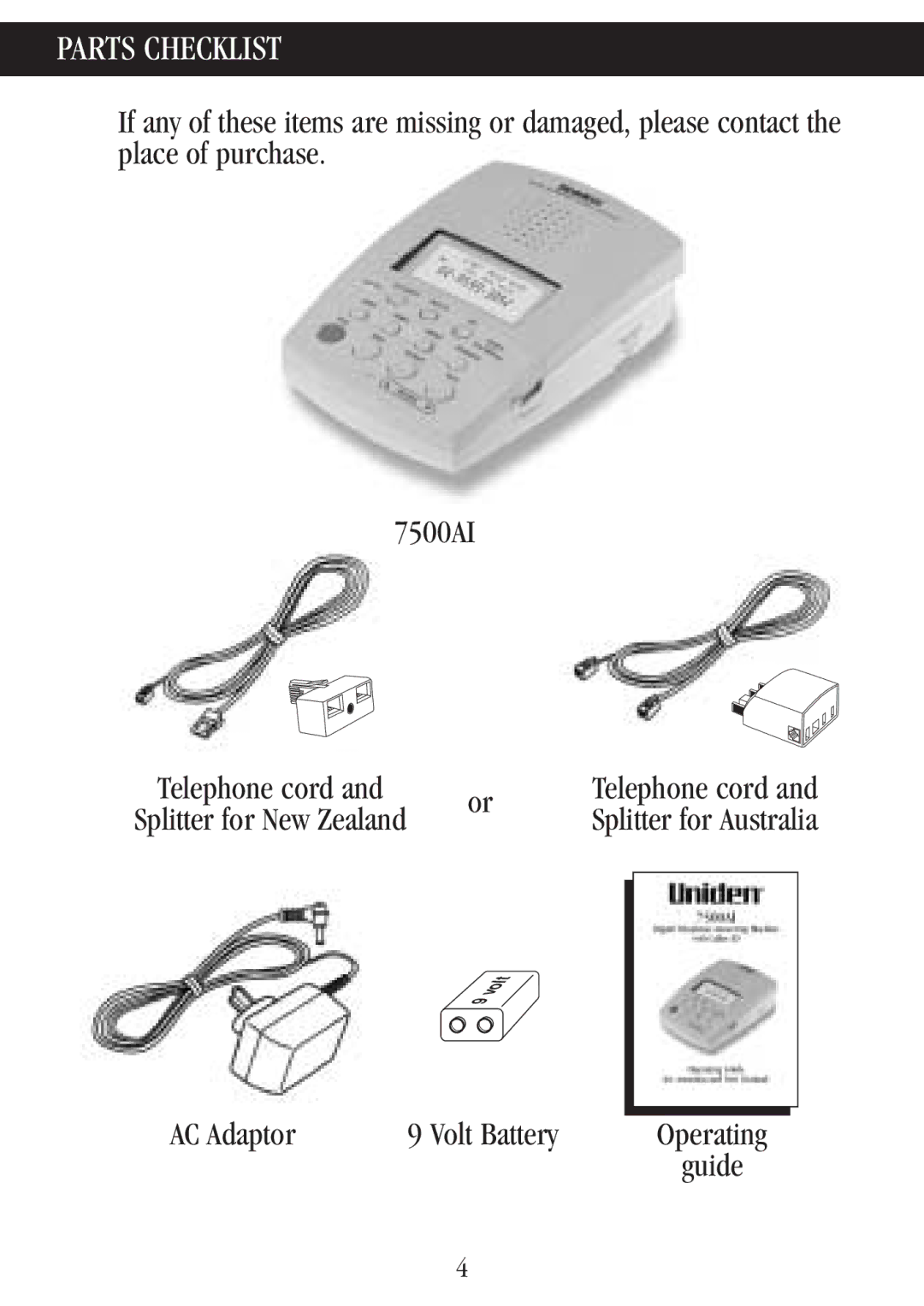 Uniden 7500AI manual Parts Checklist, Splitter for New Zealand Splitter for Australia 