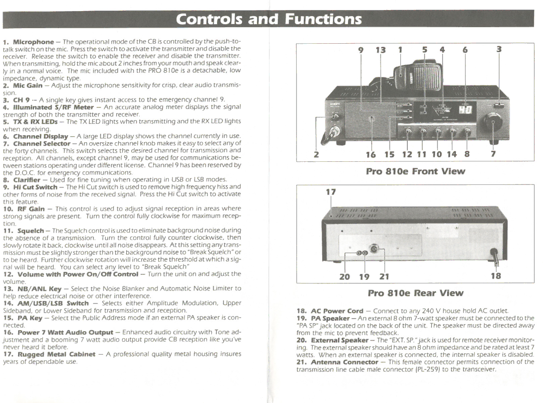 Uniden owner manual Pro 810e Front, Pro 810e Rear View 