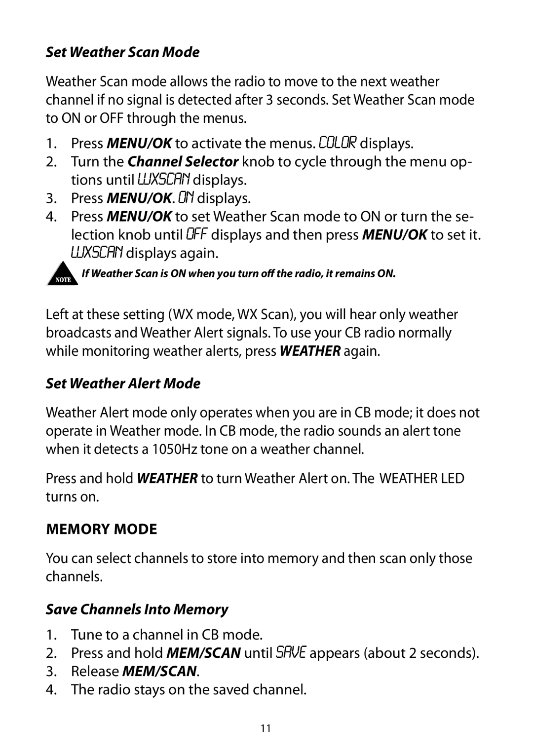 Uniden 880 owner manual Set Weather Scan Mode, Set Weather Alert Mode, Save Channels Into Memory 