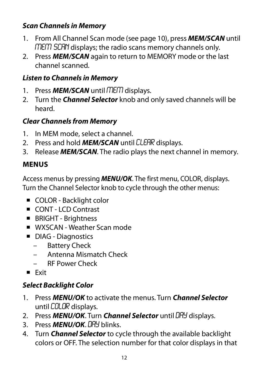 Uniden 880 Scan Channels in Memory, Listen to Channels in Memory, Clear Channels from Memory, Select Backlight Color 