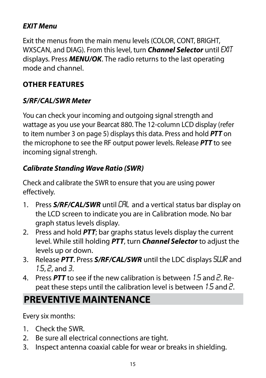 Uniden 880 owner manual Preventive Maintenance, Exit Menu, RF/CAL/SWR Meter, Calibrate Standing Wave Ratio SWR 