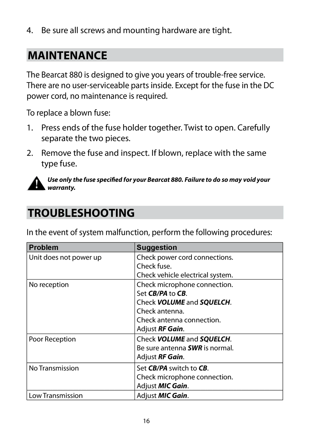 Uniden 880 owner manual Maintenance, Troubleshooting 