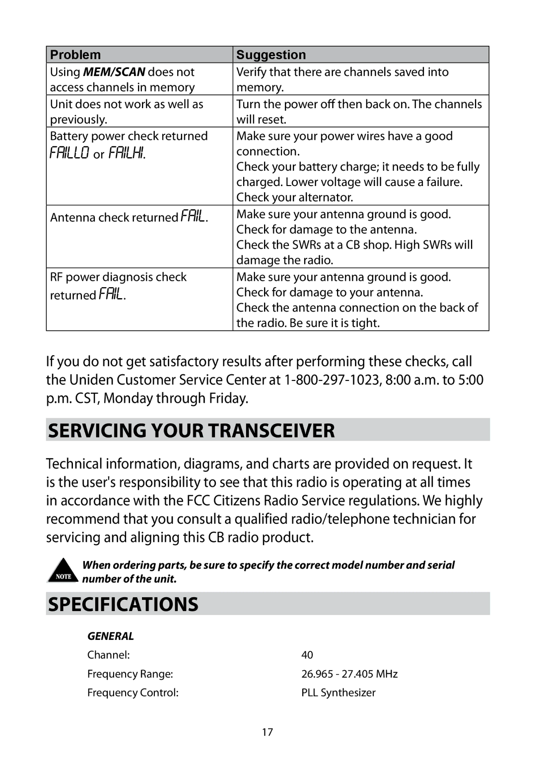 Uniden 880 owner manual Servicing Your Transceiver, SpEcifications 