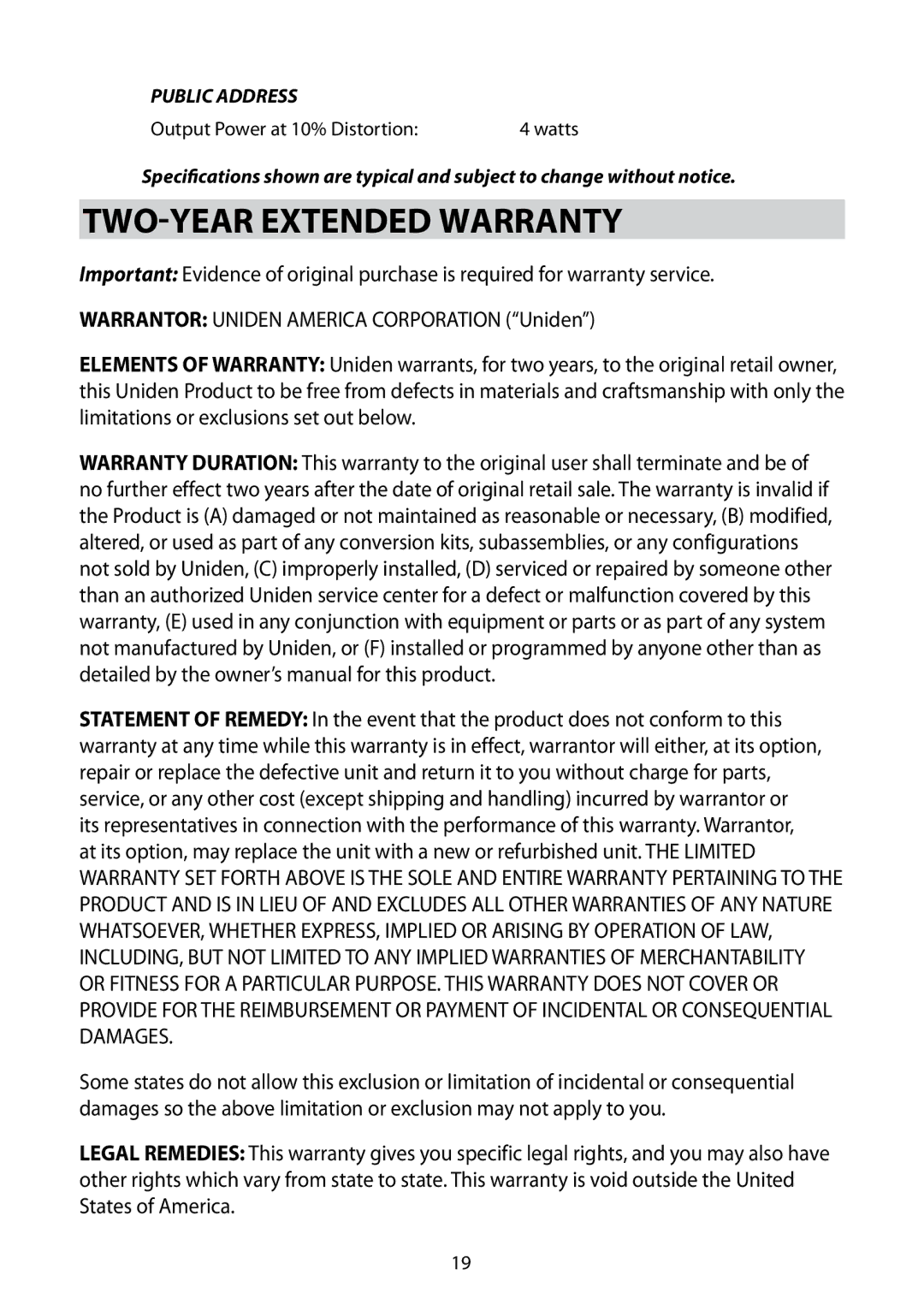 Uniden 880 owner manual Two-Year Extended Warranty, Public Address 